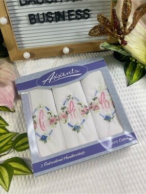 Axxents Embroidered Cotton Handkerchiefs - White with Pink Floral Monogram